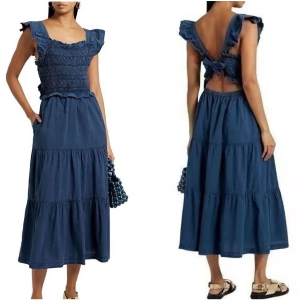 Sea New York Simona Smocked Midi Dress Ruffle Sleeve Tiered Back Ties Blue
